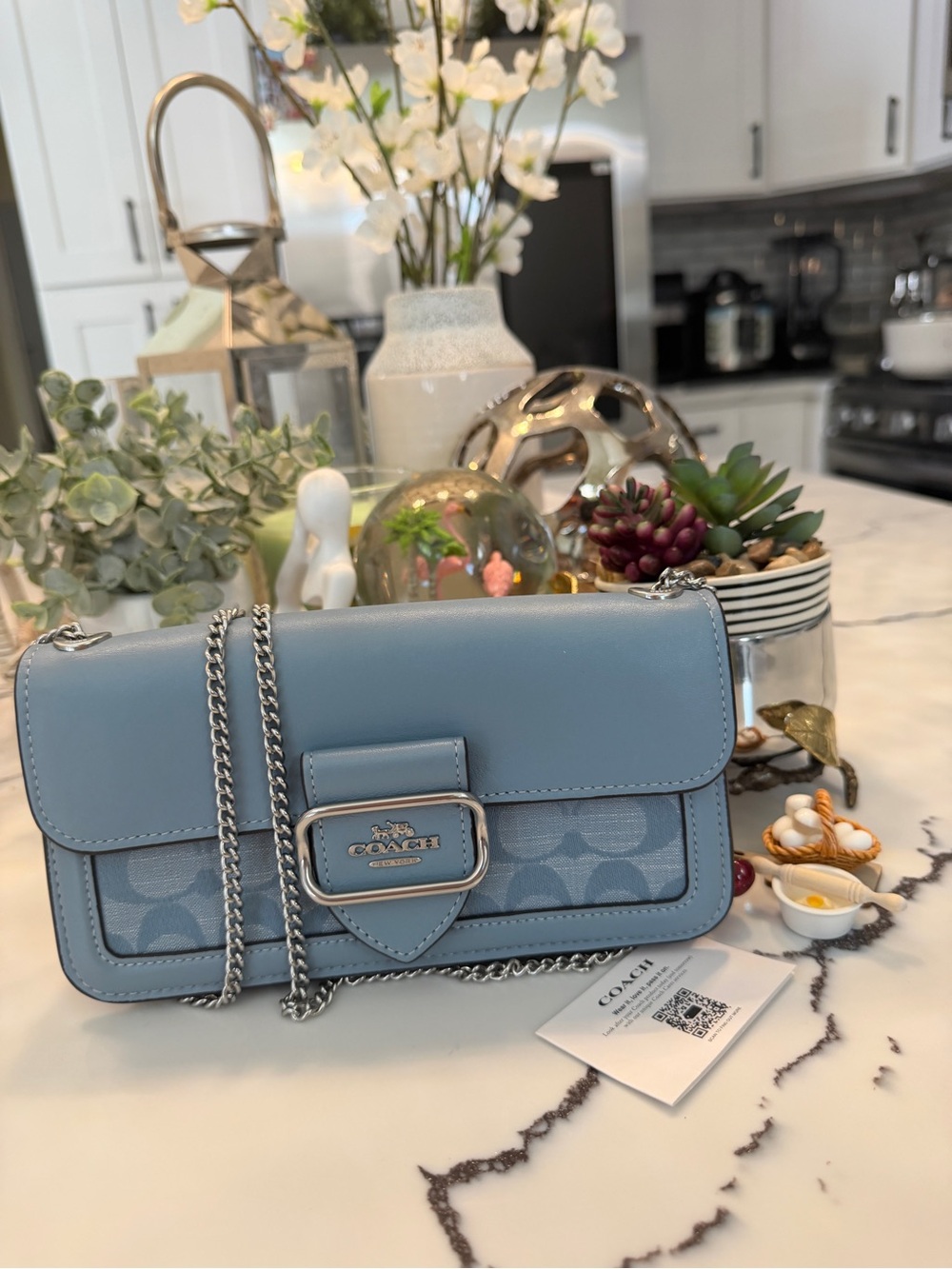 Coach Light Blue Signature Leather Chain Crossbody Bag with Charm